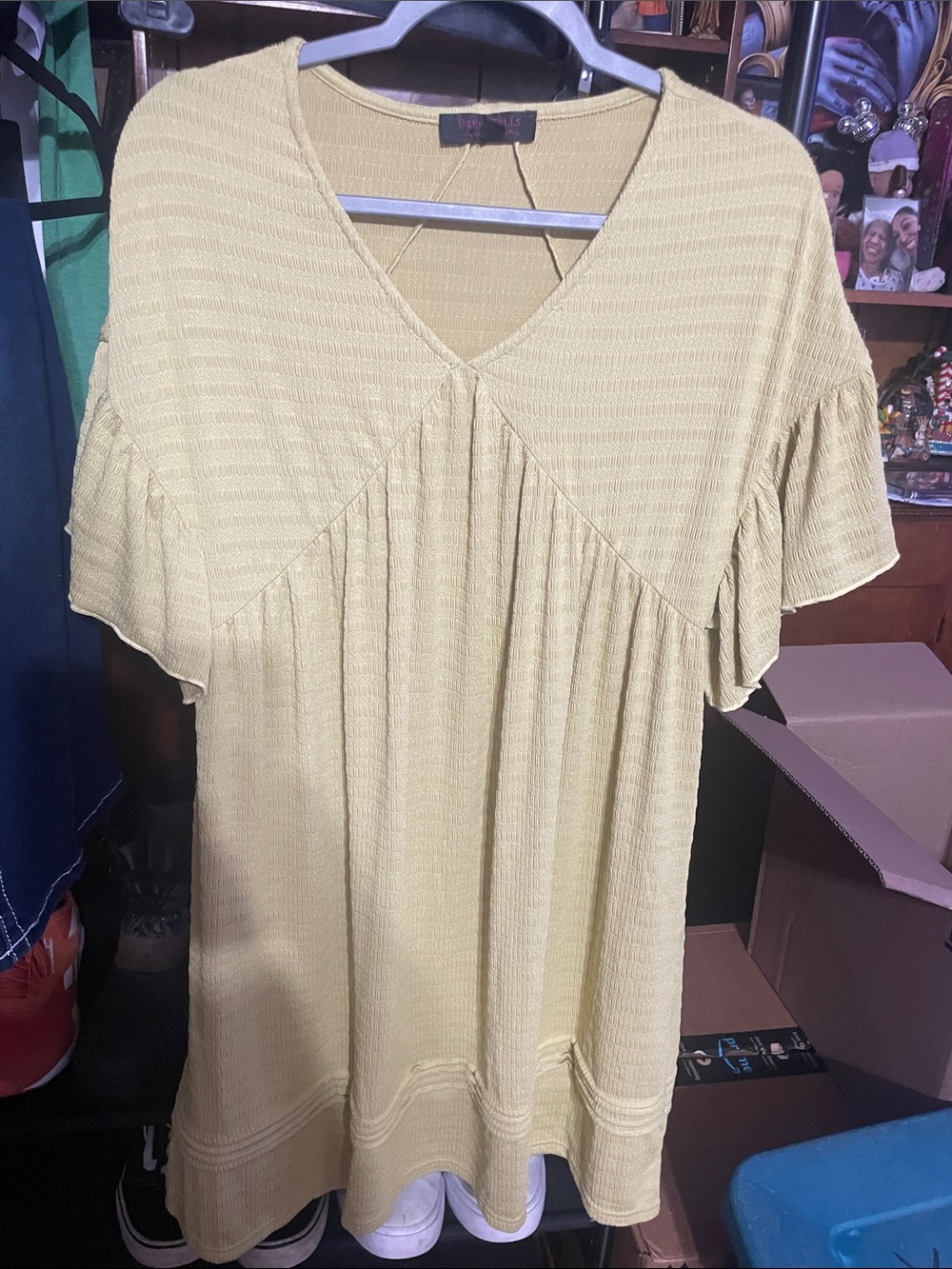 Short Sleeve V-Neck Tunic Dress — Light Olive